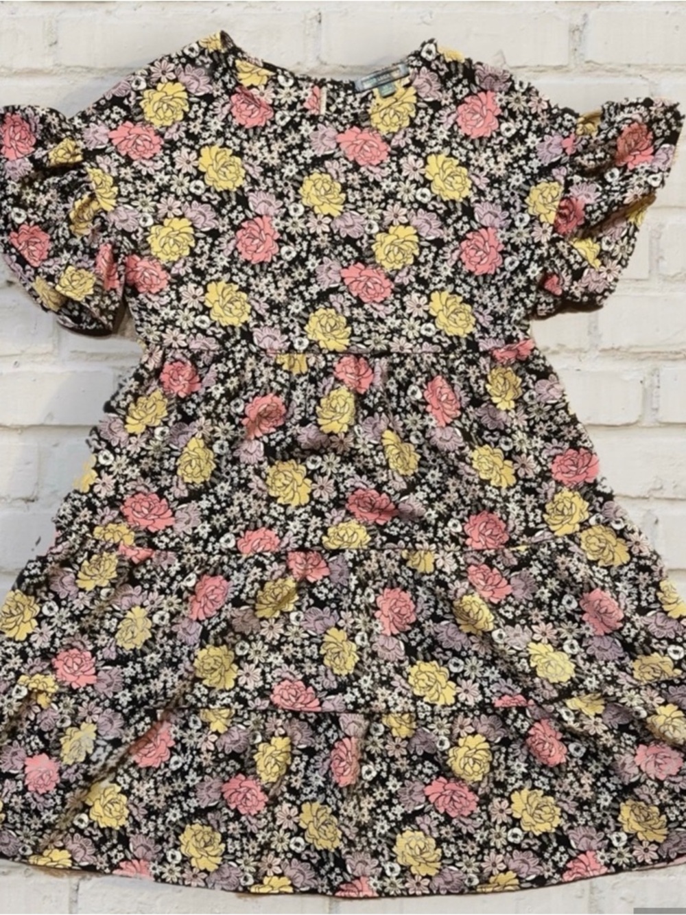 Women’s Black Floral Tiered Babydoll  Dress with Pink & Yellow Roses